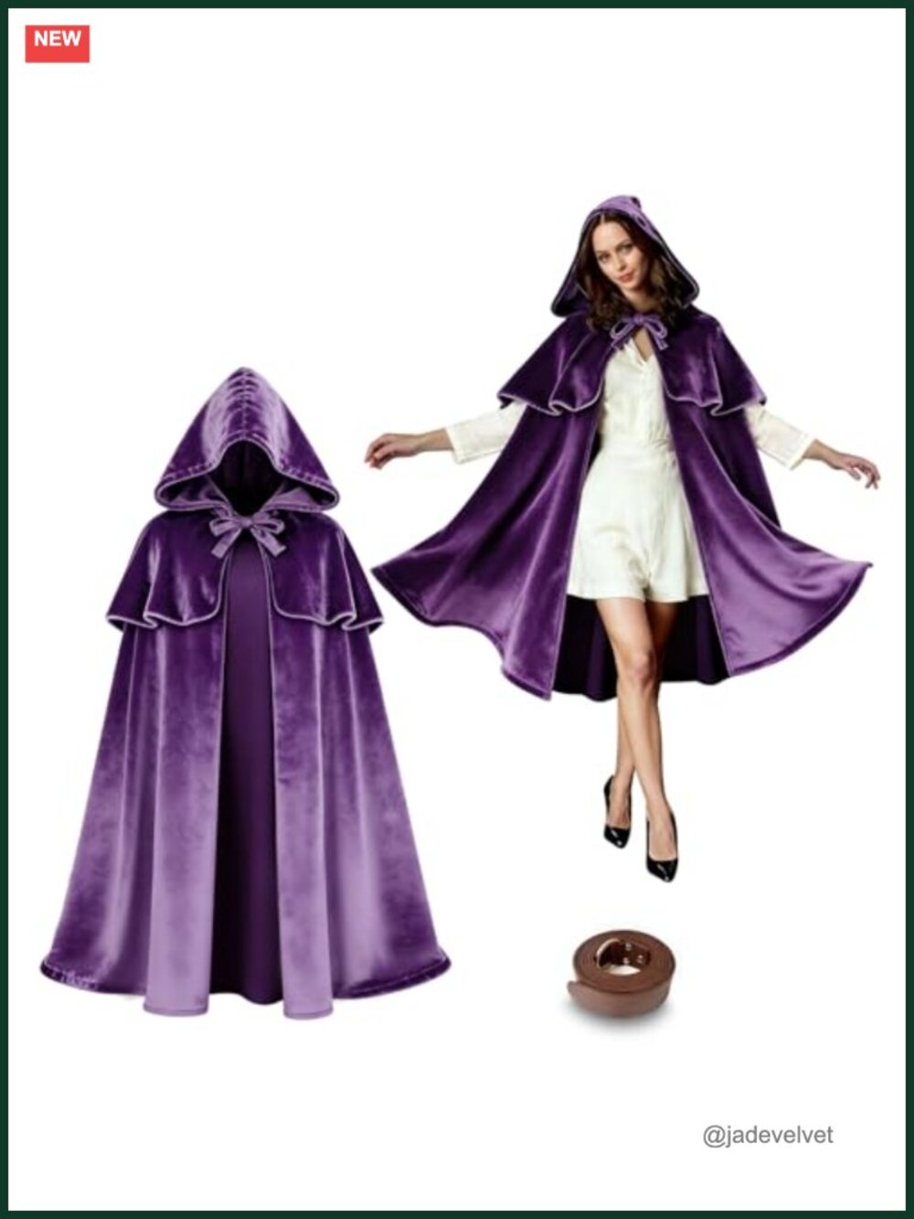 Renaissance Hooded Cloak Velvet Cape Belt Medieval Cosplay Costume
